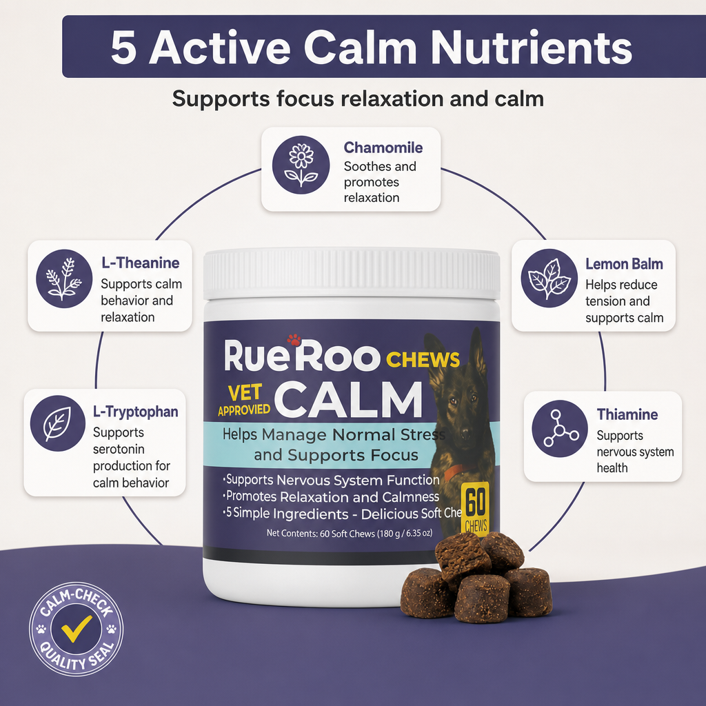 RueRoo Dog Calm Chews 5 active calming nutrients L-theanine lemon balm thiamine