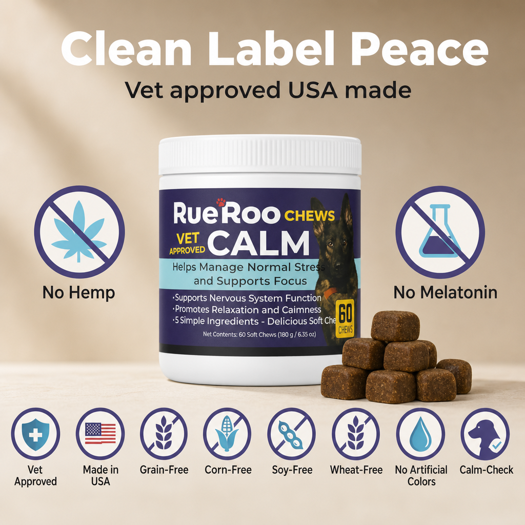 RueRoo Dog Calm Chews no hemp no melatonin vet approved USA made grain free