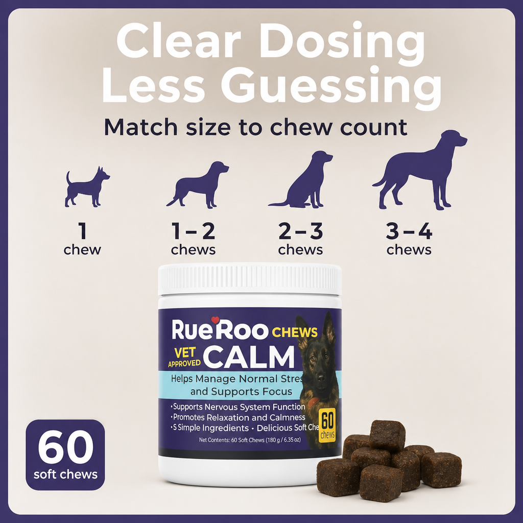 RueRoo Dog Calm Chews dosing chart by dog weight, 1 to 4 soft chews
