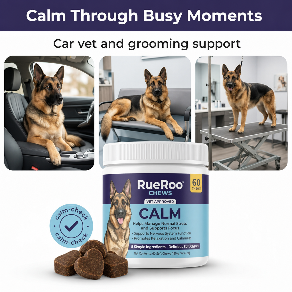 RueRoo Dog Calm Chews calming support for car rides vet visits and grooming