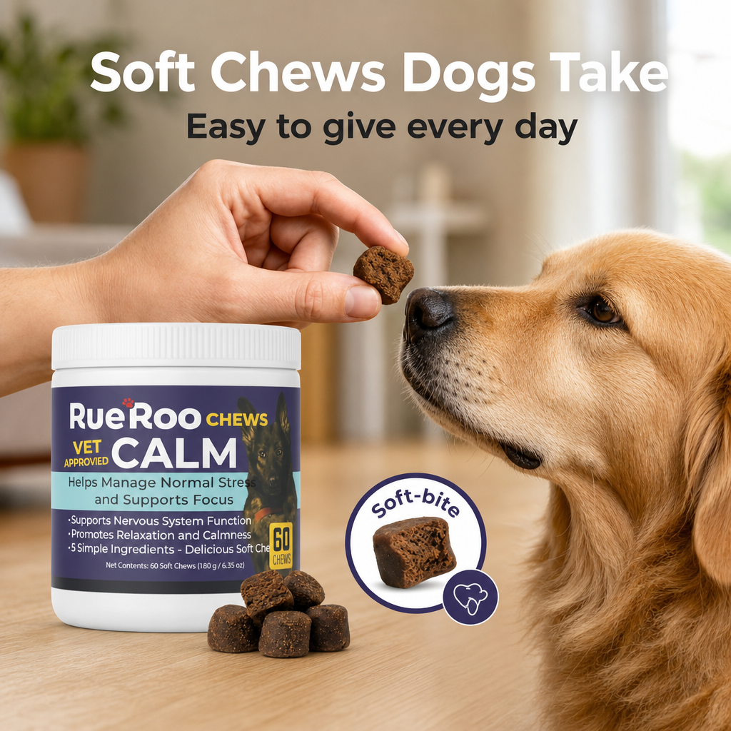RueRoo Dog Calm soft chews easy to give dogs every day