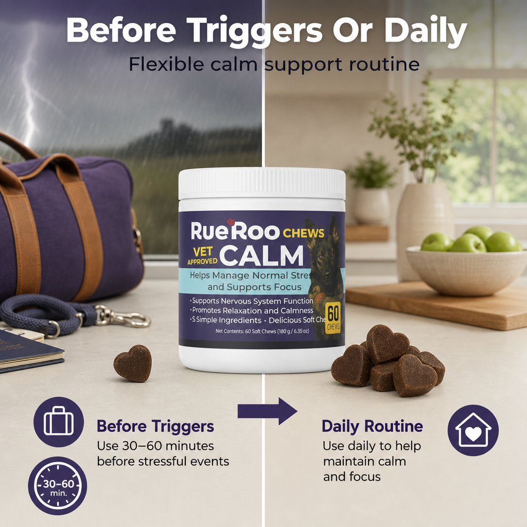 RueRoo Dog Calm Chews use before stressful triggers or daily for routine calm