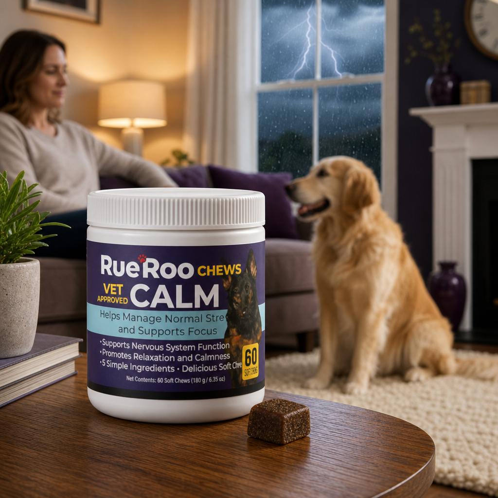 RueRoo Dog Calm Chews calming support for dog anxiety during thunderstorms
