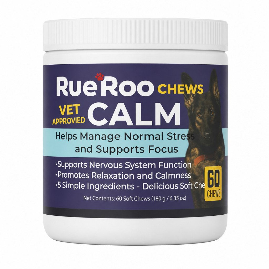 RueRoo Dog Calm Chews 60 count jar front label on white background