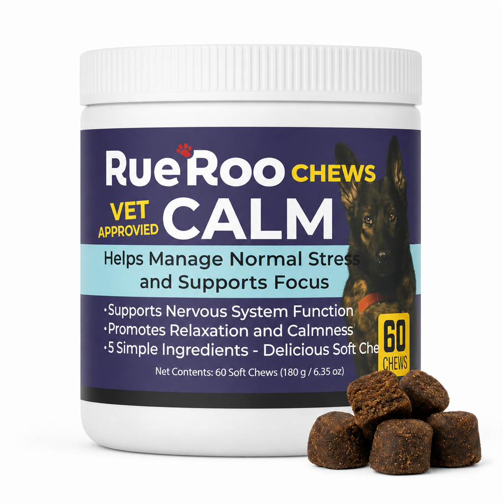RueRoo Dog Calm Chews jar and soft chews calming supplement for dogs