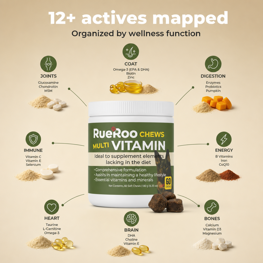 12 plus active ingredients mapped by wellness function for dogs