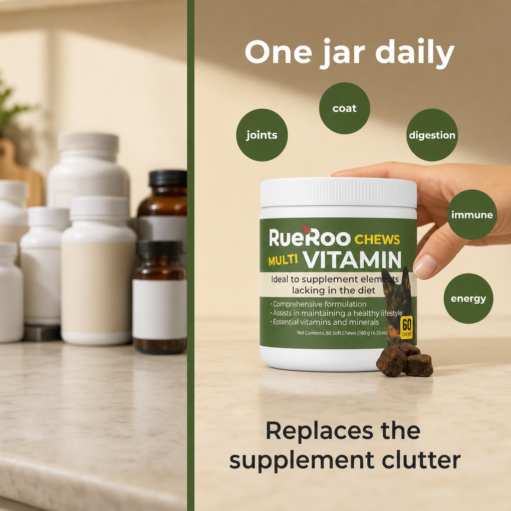 One jar daily replaces supplement clutter, complete dog nutrition