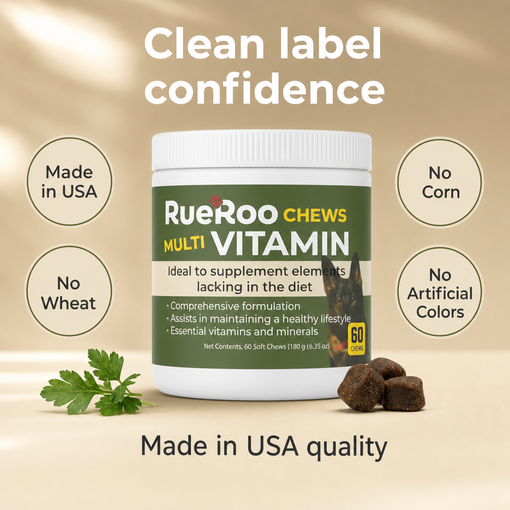 Clean label dog multivitamin, no corn wheat or artificial colors, USA made