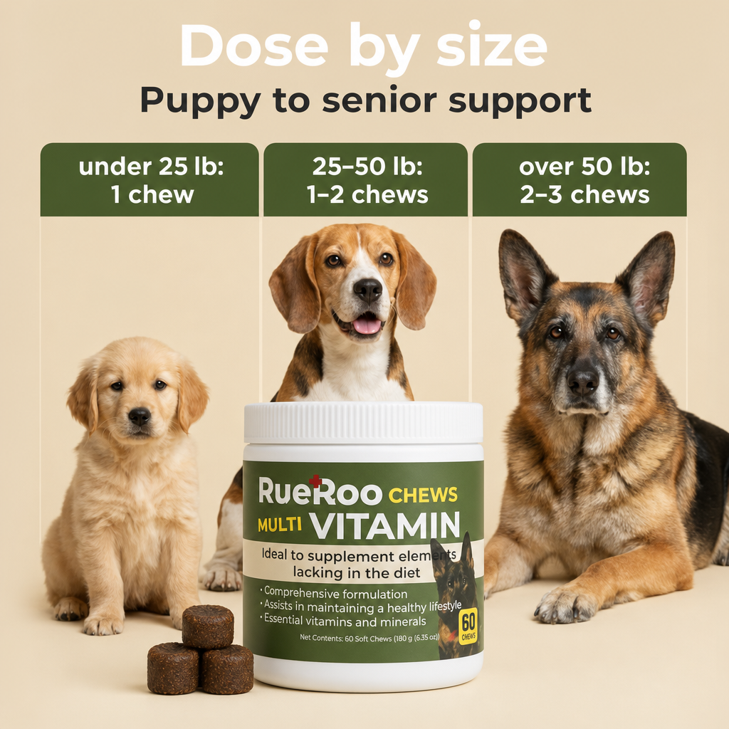 Multivitamin dose by dog size, puppy to senior support
