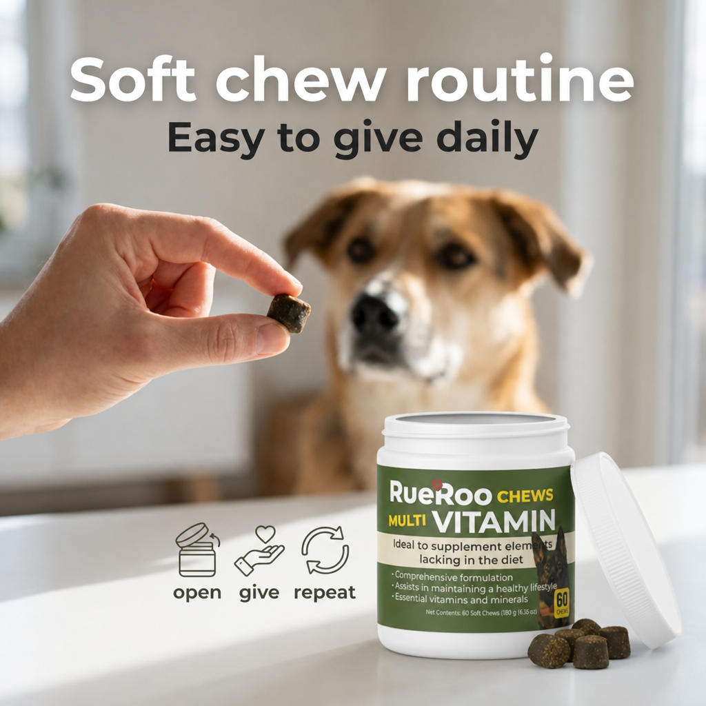 Soft chew multivitamin routine, easy to give daily