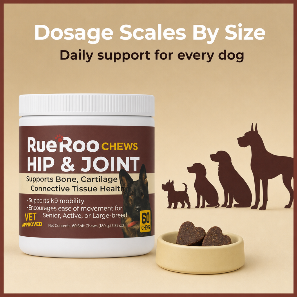 Hip and joint dosage scales by dog size, daily support for every dog