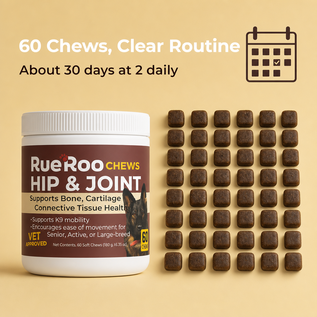 60 chews, about 30 days at 2 daily, clear joint routine