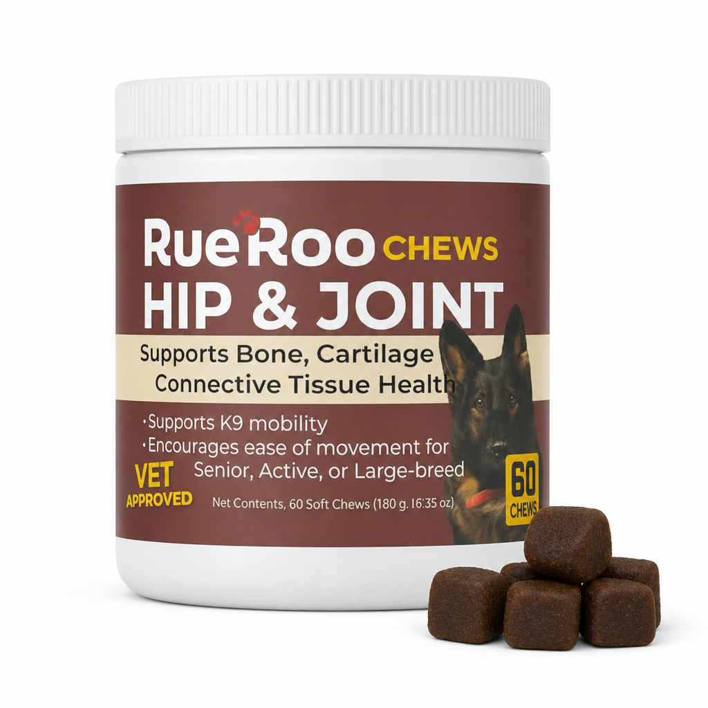 RueRoo Hip and Joint chews jar and soft chews for dogs