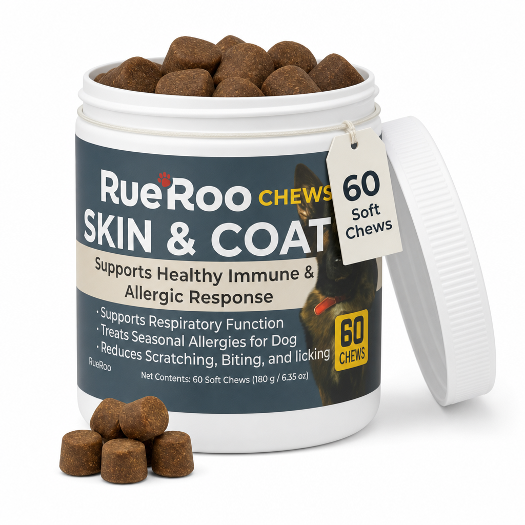 RueRoo Dog Skin and Coat Chews, 60 count, omega skin and coat supplement