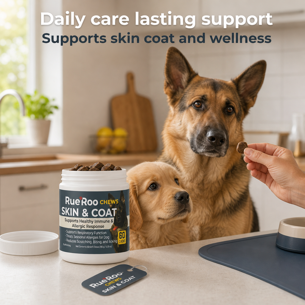 Daily skin and coat chews for dogs of all ages, lasting support