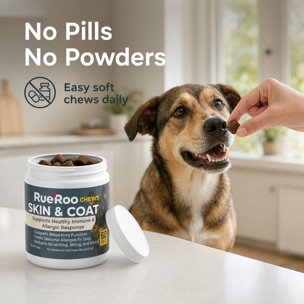 No pills no powders, easy soft chews daily for dog skin and coat