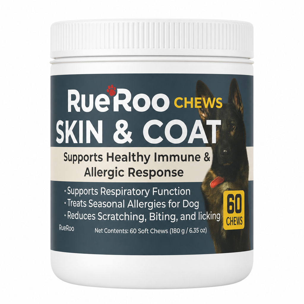 RueRoo Skin and Coat chews 60 count jar front