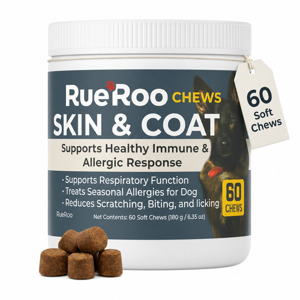 RueRoo Skin and Coat chews jar and soft chews for dogs