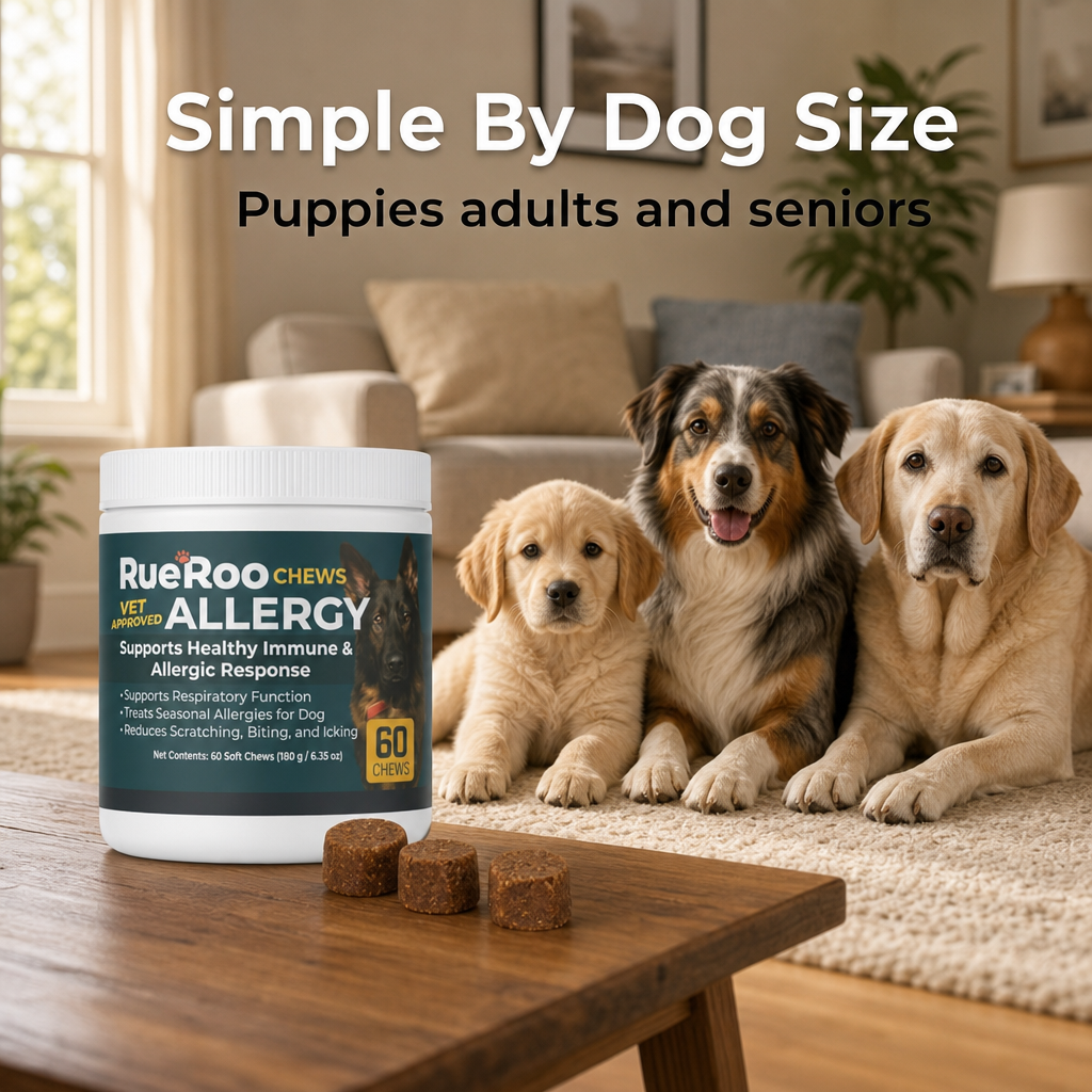 RueRoo Allergy chews for dogs of all ages, puppies adults and seniors