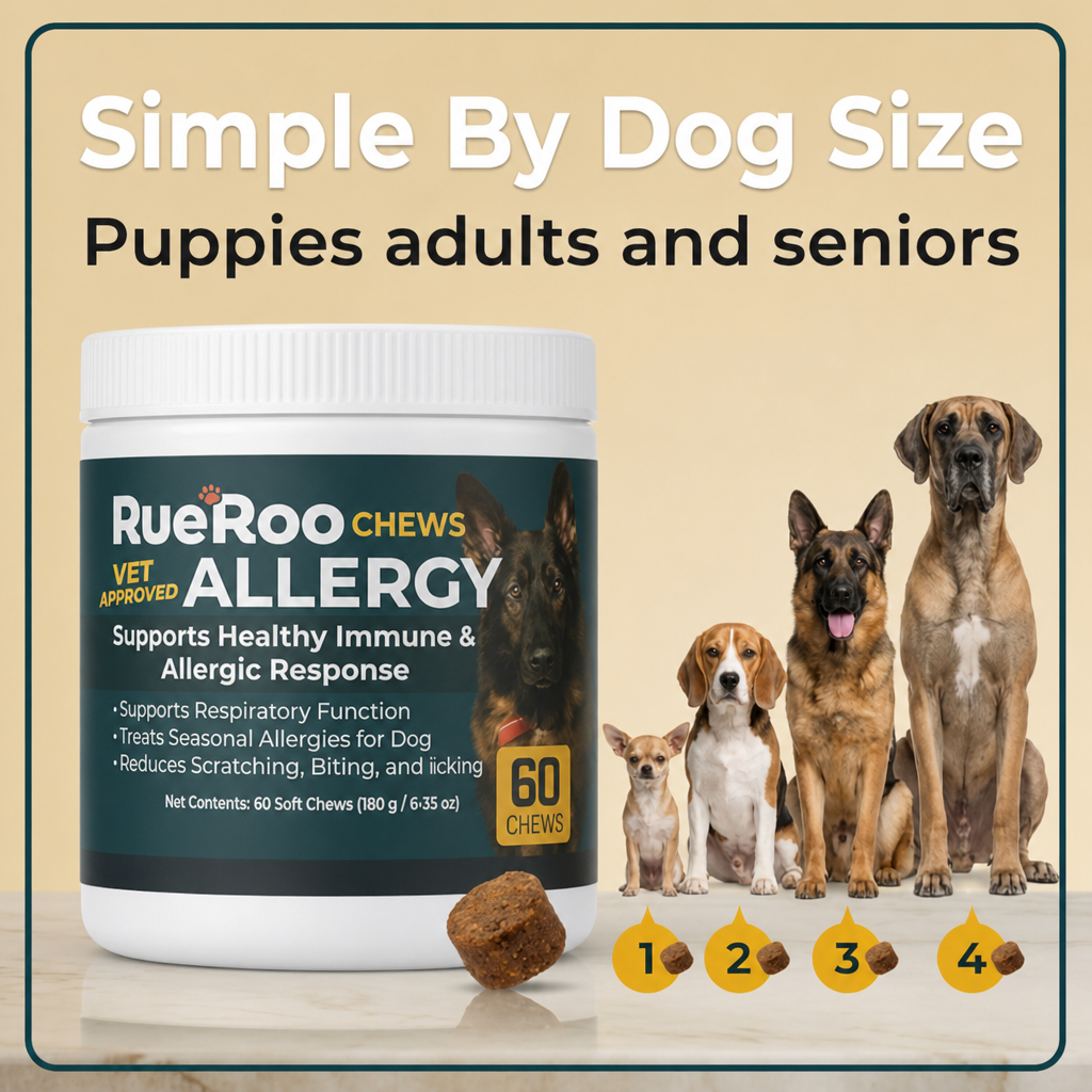 Allergy chew dosing by dog size, puppies to large breeds