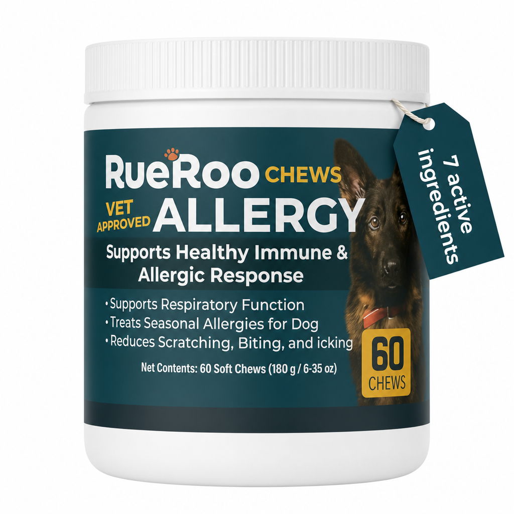 RueRoo Allergy chews 60 count jar front, 7 active ingredients