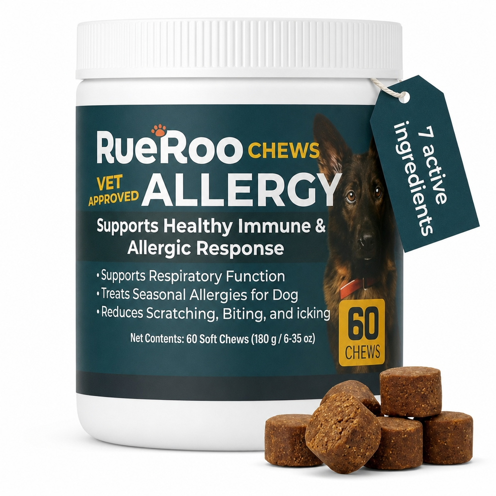 RueRoo Allergy chews jar and soft chews for dogs